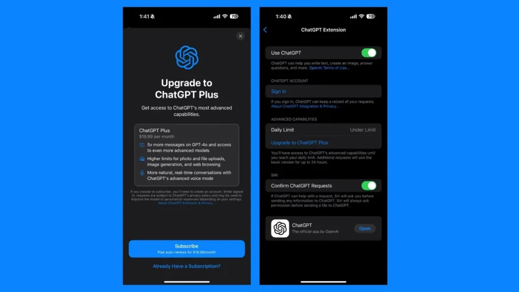 Apple will let you upgrade to ChatGPT Plus right from Settings in iOS 18.2