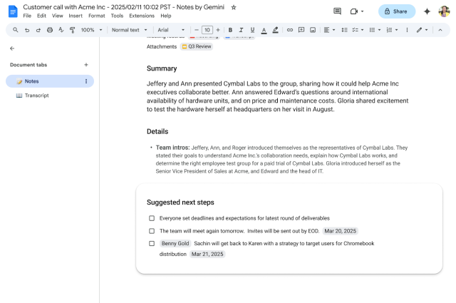 Google Meet’s AI transcripts will automatically create action items for you